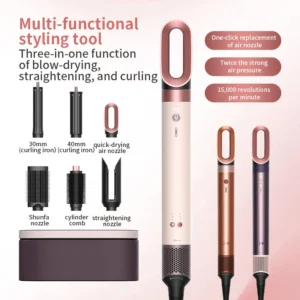 7 in 1 Multi Hair Dryer Styler Auto-Curling Barrel Hot Air Brush Soft Straightening BrushNegative Ion Fast Dry Nozzle Gift Box
